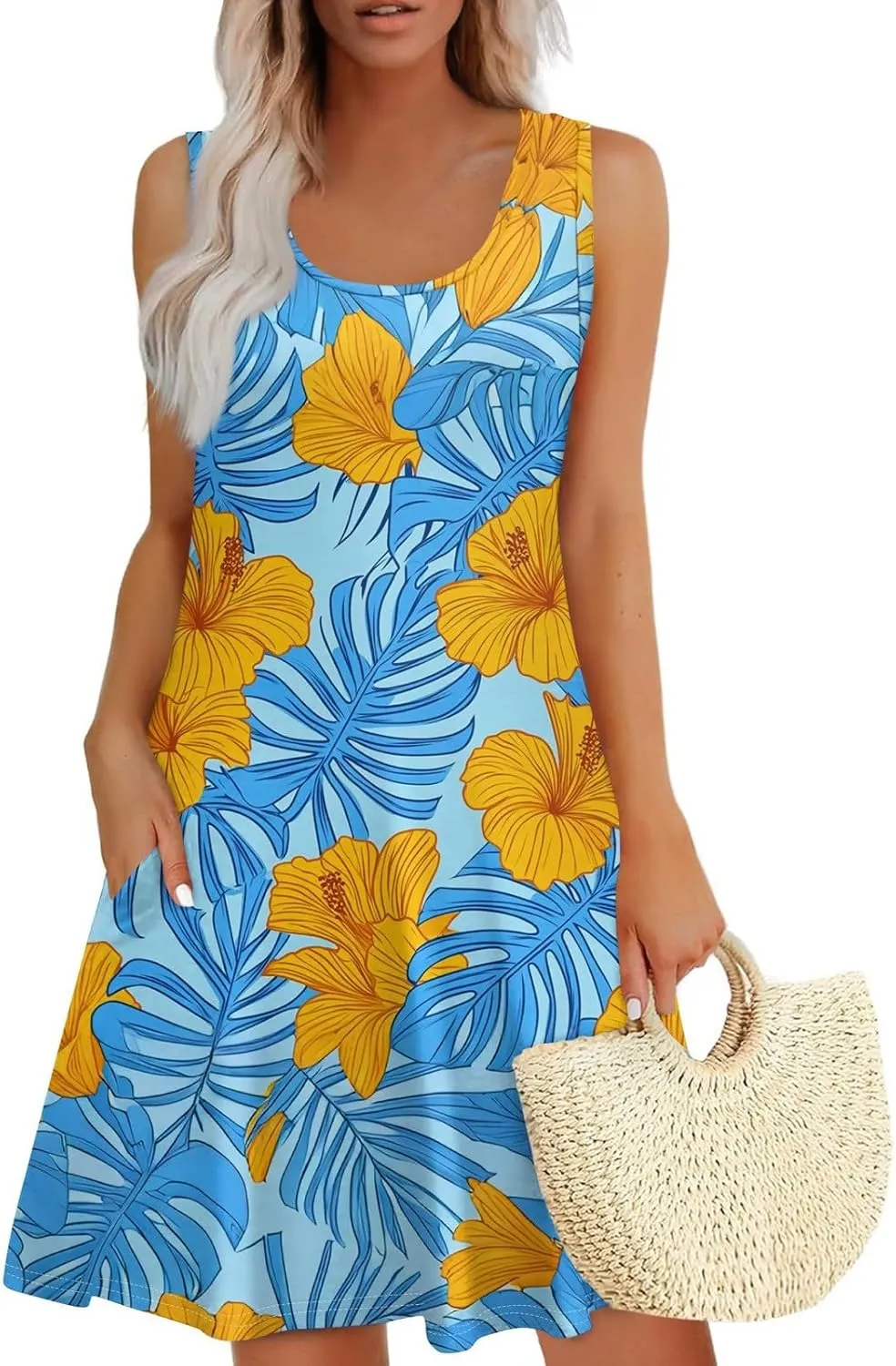 Summer Dresses for Women Casual Sundresses Beach Loose Tshirt Tank Dresses printedSleeveless Mini Dress with Pockets