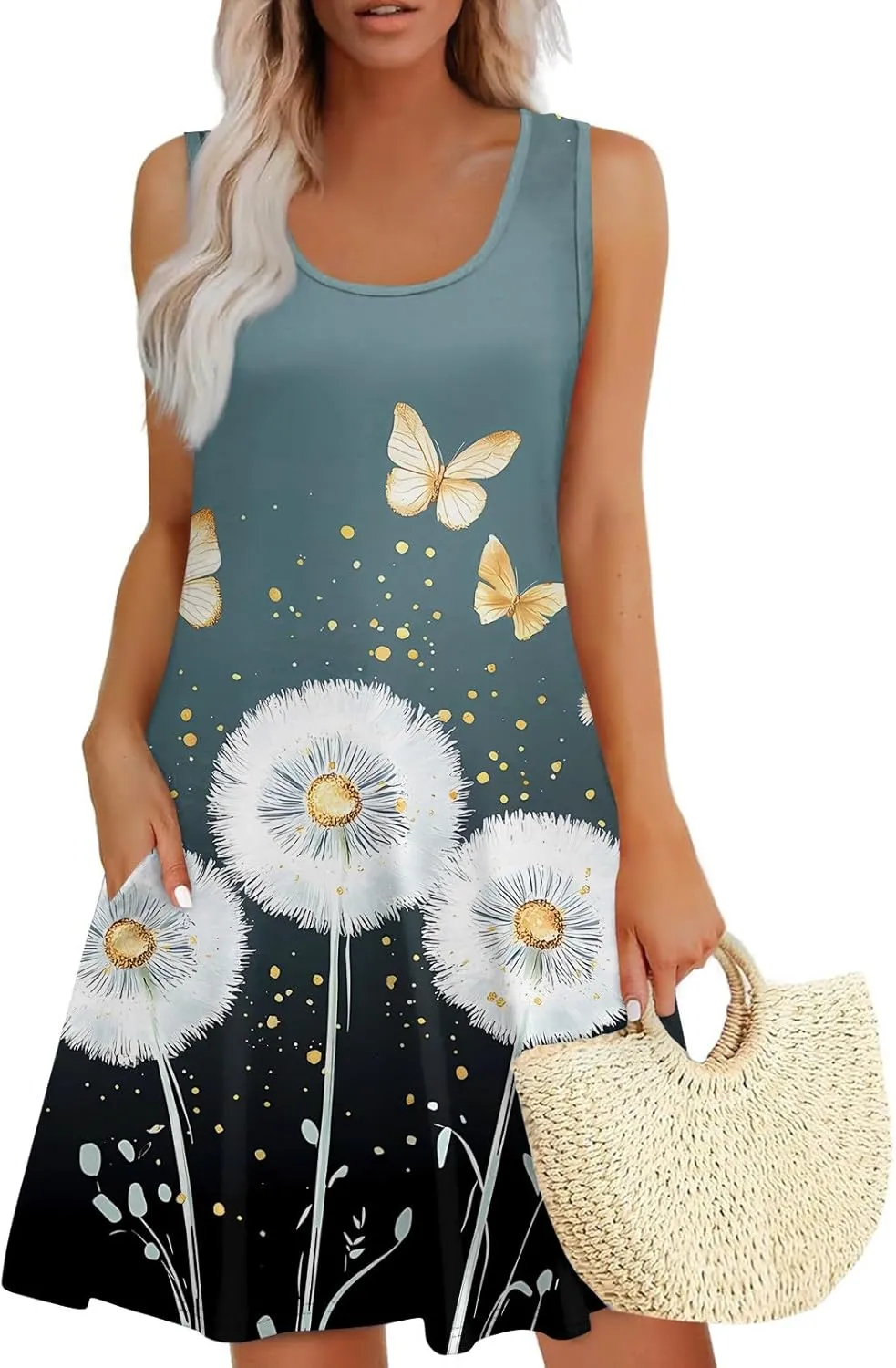 Summer Dresses for Women Casual Sundresses Beach Loose Tshirt Tank Dresses printedSleeveless Mini Dress with Pockets