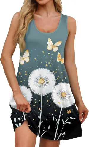 Summer Dresses for Women Casual Sundresses Beach Loose Tshirt Tank Dresses printedSleeveless Mini Dress with Pockets