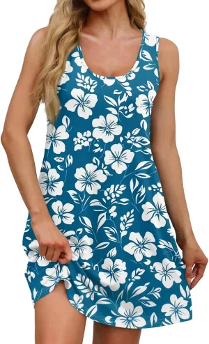 Summer Dresses for Women Casual Sundresses Beach Loose Tshirt Tank Dresses printedSleeveless Mini Dress with Pockets