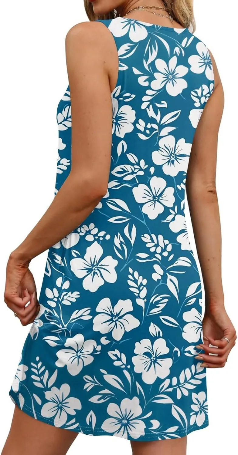 Summer Dresses for Women Casual Sundresses Beach Loose Tshirt Tank Dresses printedSleeveless Mini Dress with Pockets