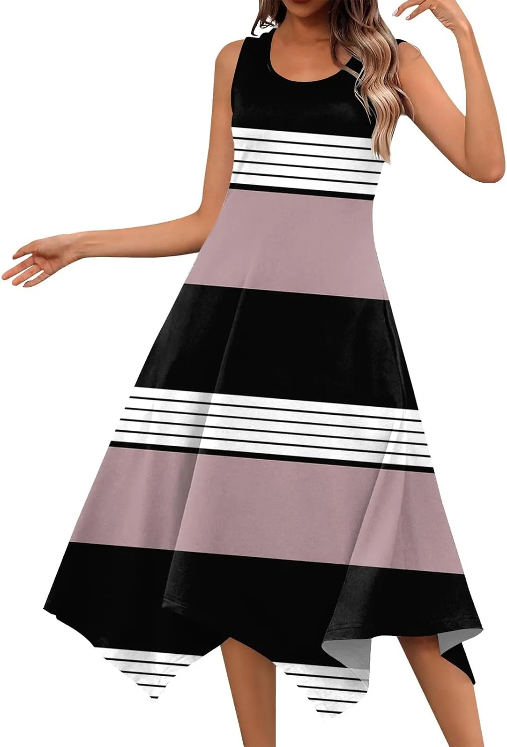Summer Dresses for Women Summer Floral Casual Sundresses Beach Flowy Midi Tank Dresses Hankerchief Hem Sleeveless Dress