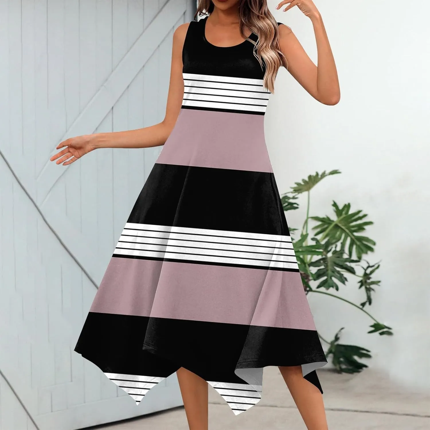 Summer Dresses for Women Summer Floral Casual Sundresses Beach Flowy Midi Tank Dresses Hankerchief Hem Sleeveless Dress