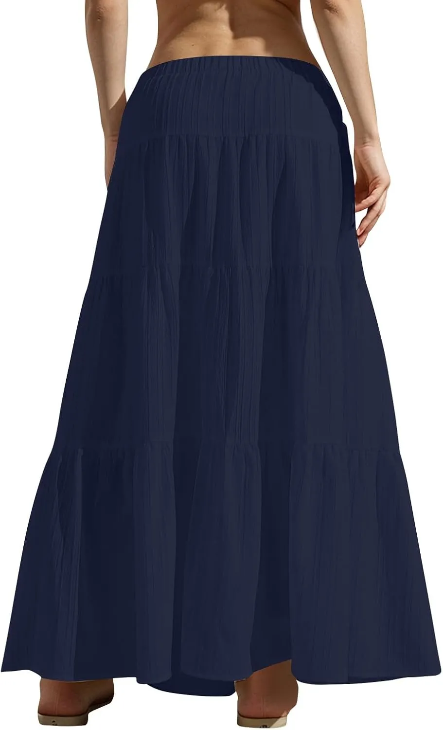 Summer Skirt for Women Solid Color Fashion Drawstring High Waist Ruffle Tiered Skirts Casual Loose Flowy Boho Skirt