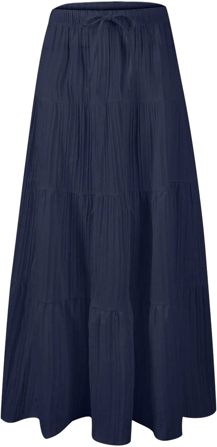 Summer Skirt for Women Solid Color Fashion Drawstring High Waist Ruffle Tiered Skirts Casual Loose Flowy Boho Skirt