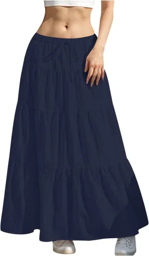 Summer Skirt for Women Solid Color Fashion Drawstring High Waist Ruffle Tiered Skirts Casual Loose Flowy Boho Skirt