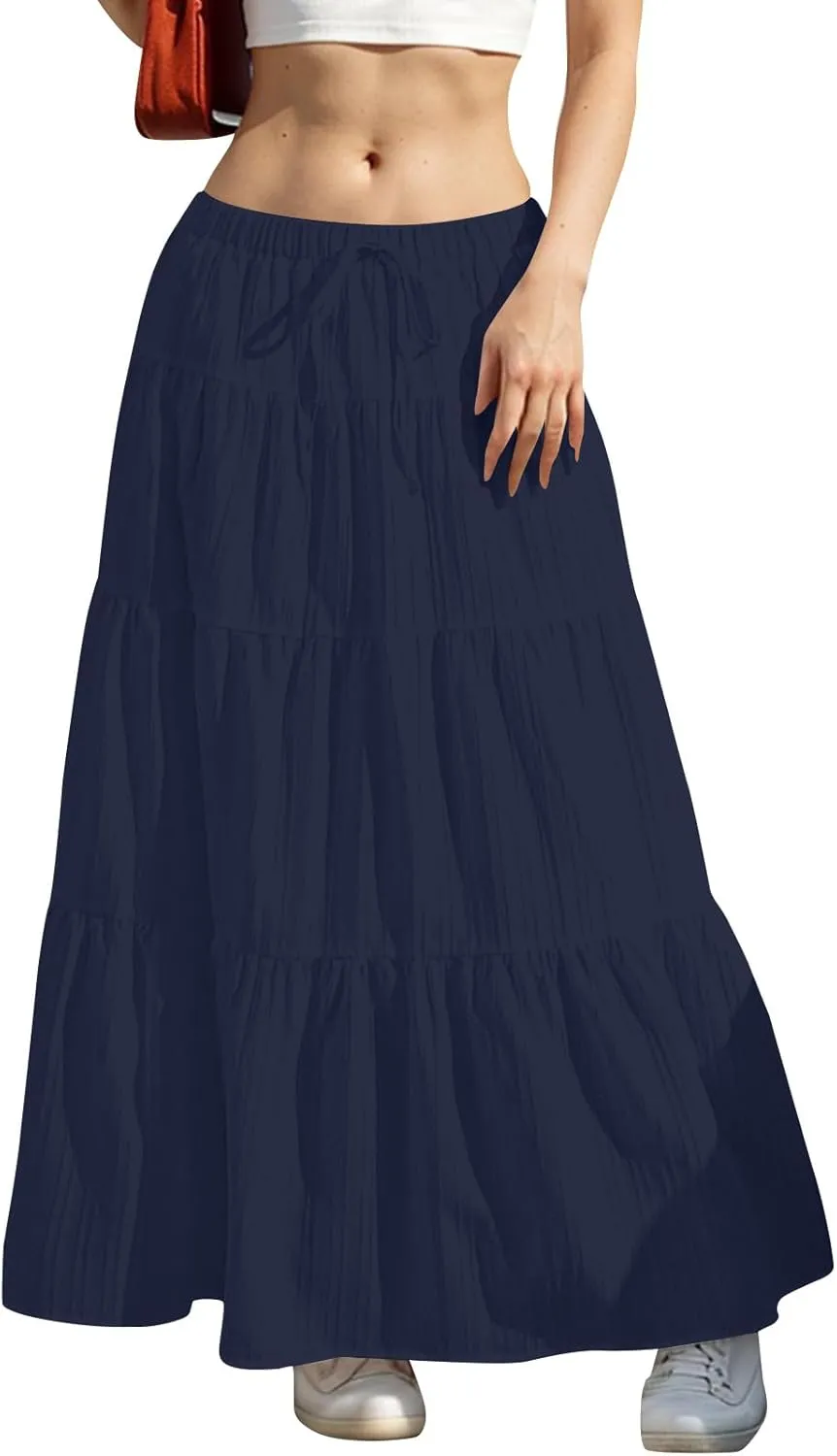 Summer Skirt for Women Solid Color Fashion Drawstring High Waist Ruffle Tiered Skirts Casual Loose Flowy Boho Skirt