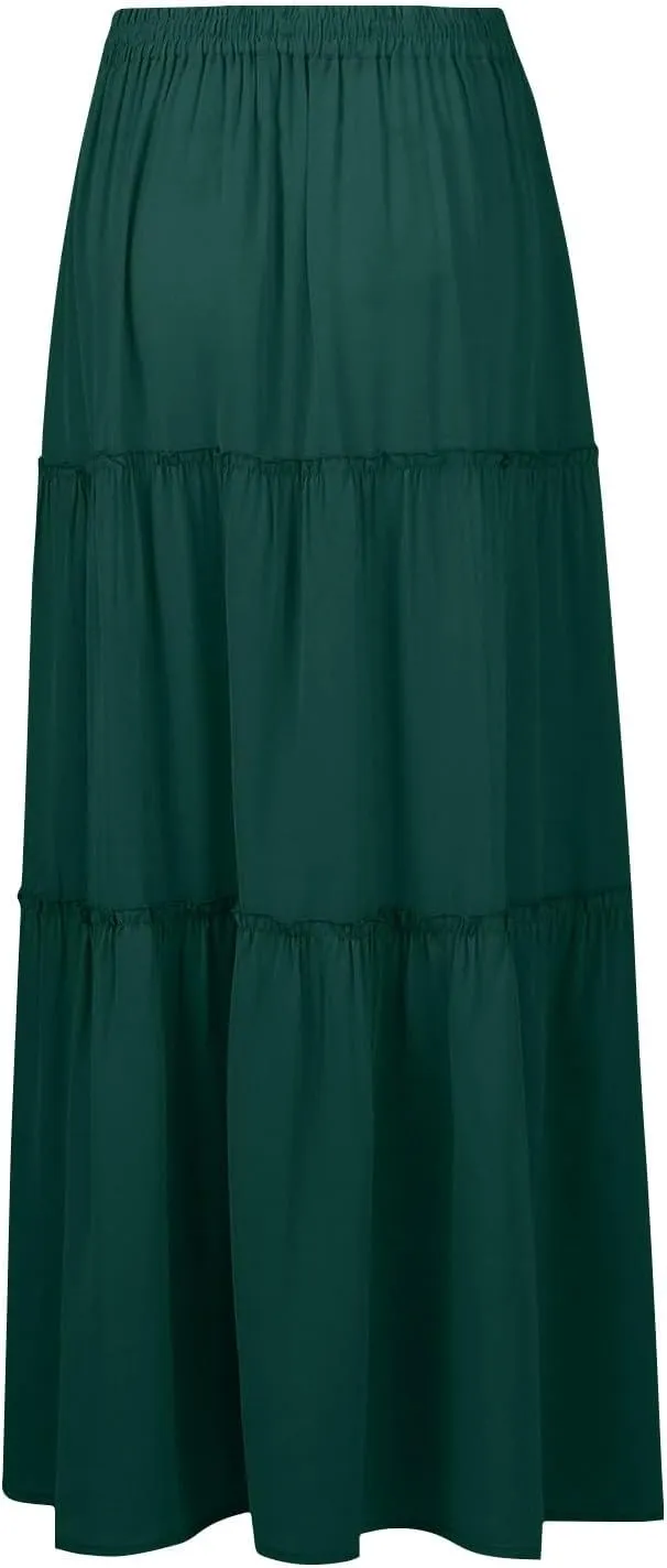 Summer Skirts for Women 2025 Vacation Pleated Long Skirt Maxi Length Tiered Swing Flowy Boho Beach Outfits w/Pockets
