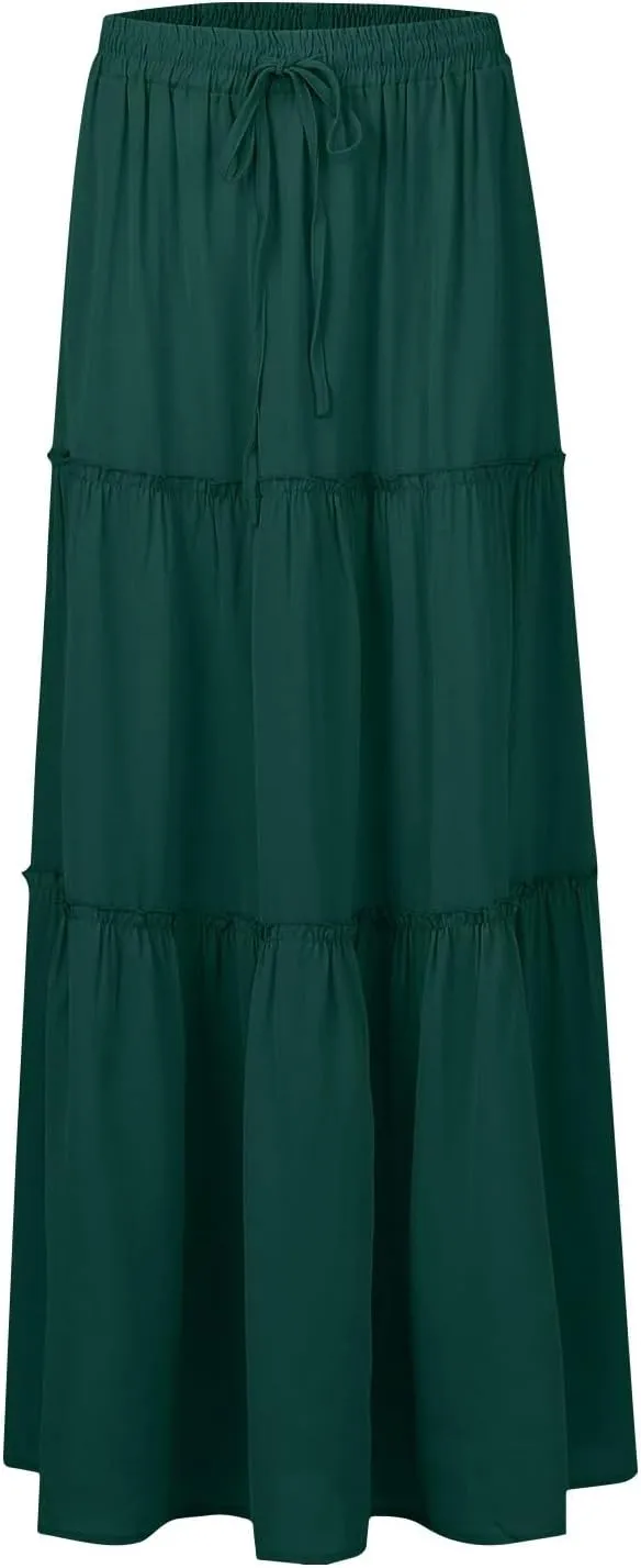 Summer Skirts for Women 2025 Vacation Pleated Long Skirt Maxi Length Tiered Swing Flowy Boho Beach Outfits w/Pockets