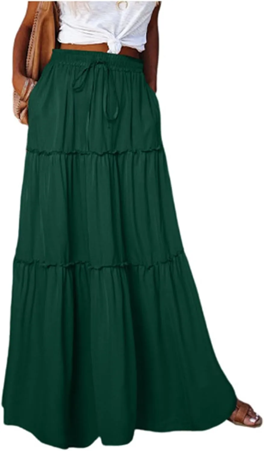 Summer Skirts for Women 2025 Vacation Pleated Long Skirt Maxi Length Tiered Swing Flowy Boho Beach Outfits w/Pockets