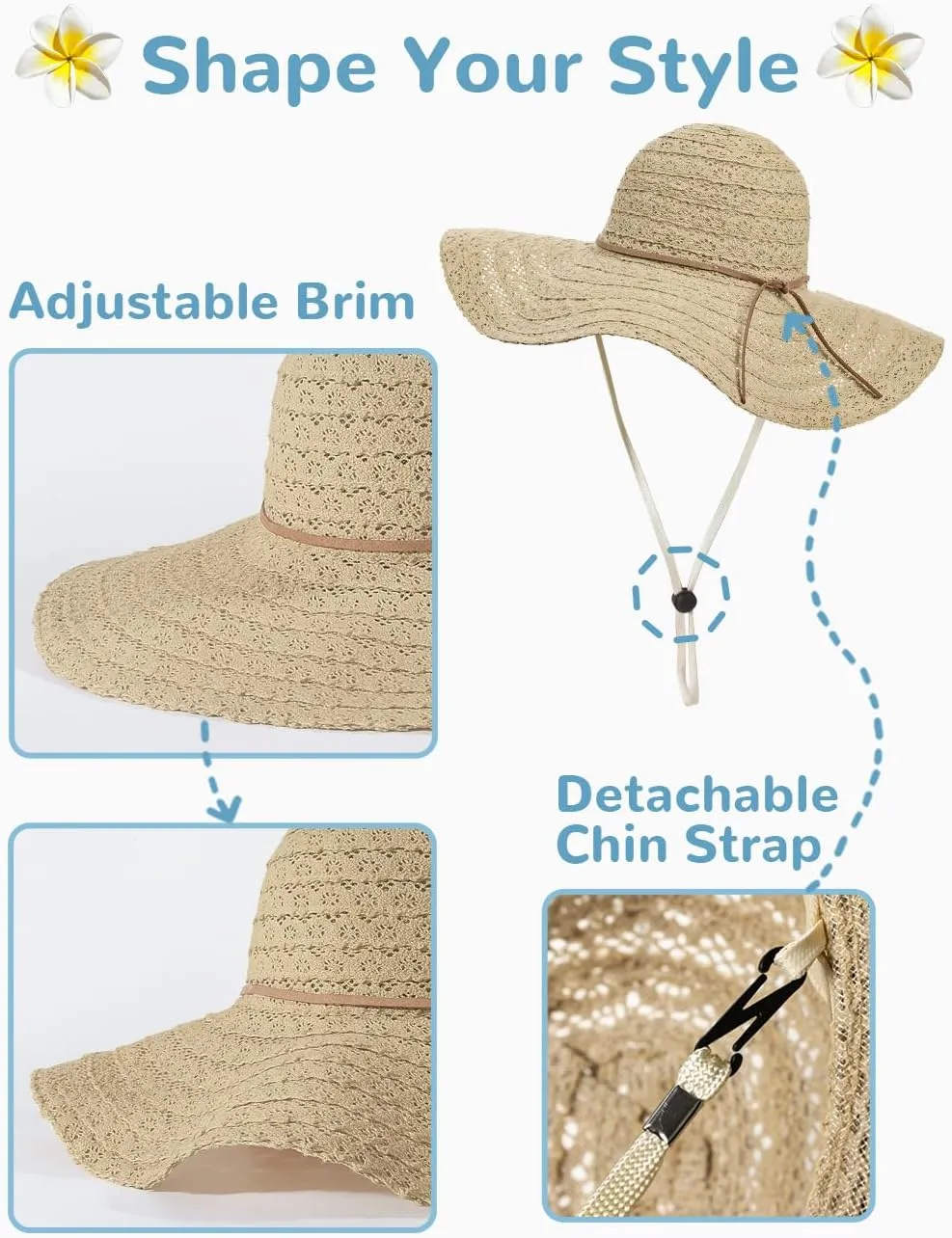 Sun Beach Hats Women, Floppy Summer Hats with Wide Brim, Packable Sunhat for Women Foldable