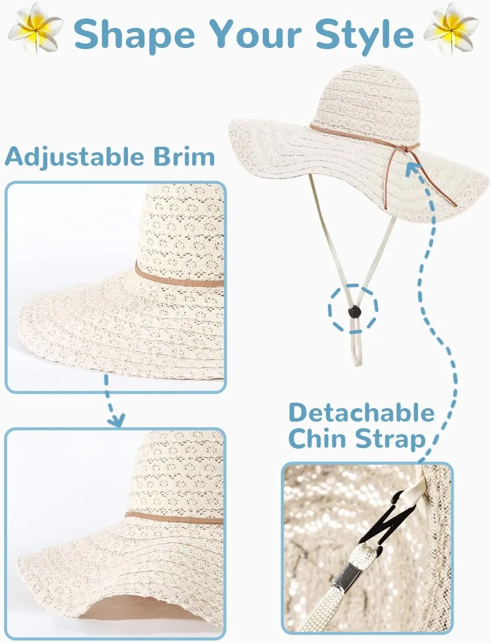Sun Beach Hats Women, Floppy Summer Hats with Wide Brim, Packable Sunhat for Women Foldable