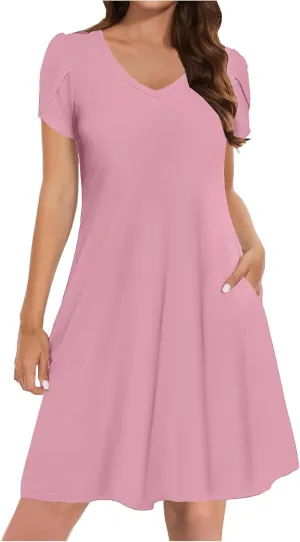 Sun Dress for Women Solid Fashion Casual Flowy Wide Hem Short Sleeve Dress Slim Loose Fits Ladies 2025 Outwear