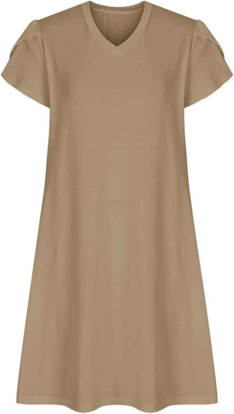 Sun Dress for Women Solid Fashion Casual Flowy Wide Hem Short Sleeve Dress Slim Loose Fits Ladies 2025 Outwear