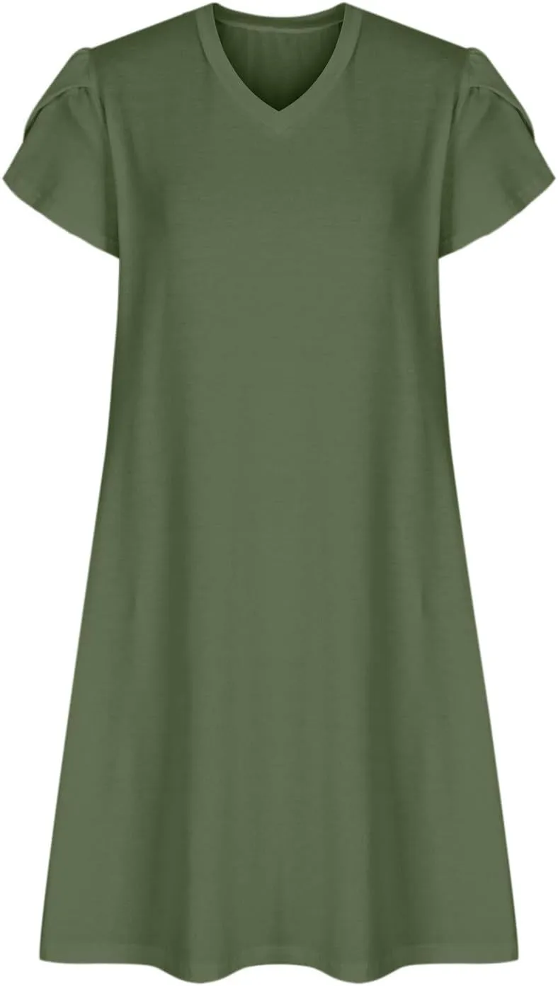 Sun Dress for Women Solid Fashion Casual Flowy Wide Hem Short Sleeve Dress Slim Loose Fits Ladies 2025 Outwear