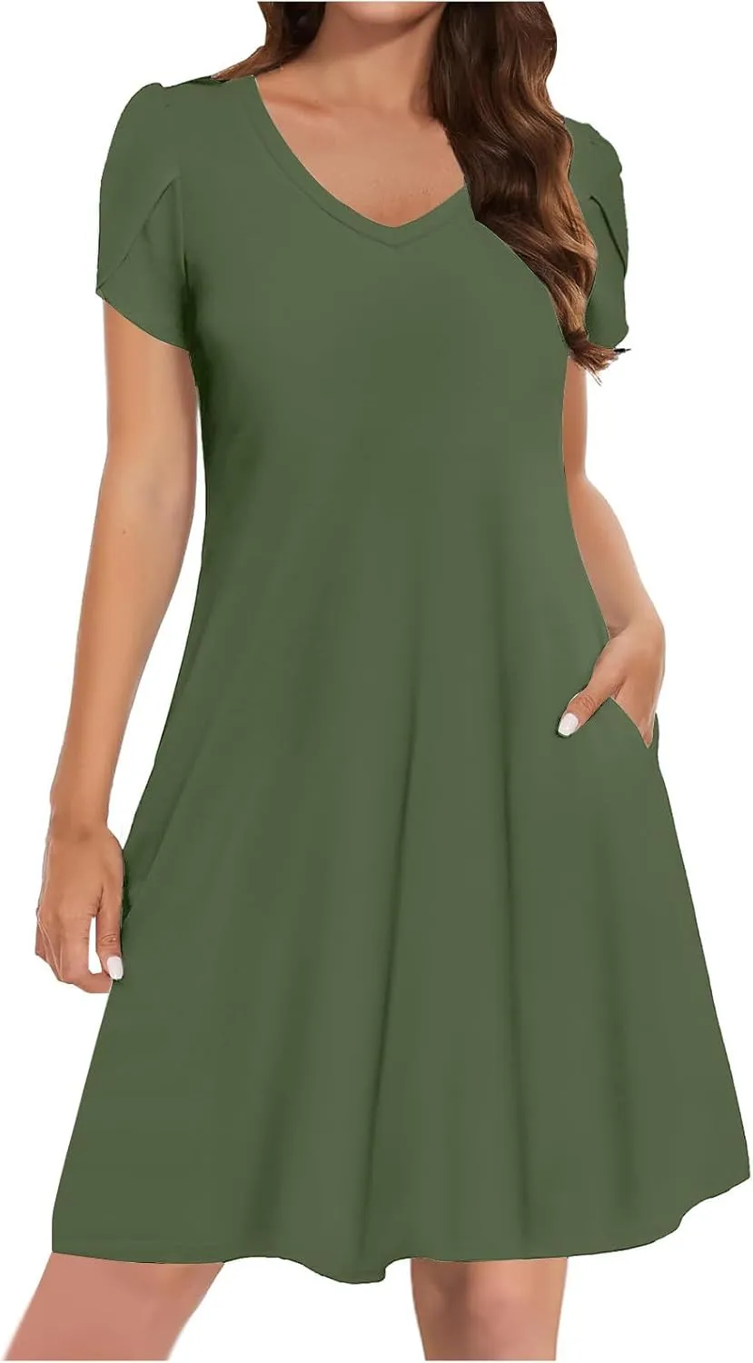 Sun Dress for Women Solid Fashion Casual Flowy Wide Hem Short Sleeve Dress Slim Loose Fits Ladies 2025 Outwear