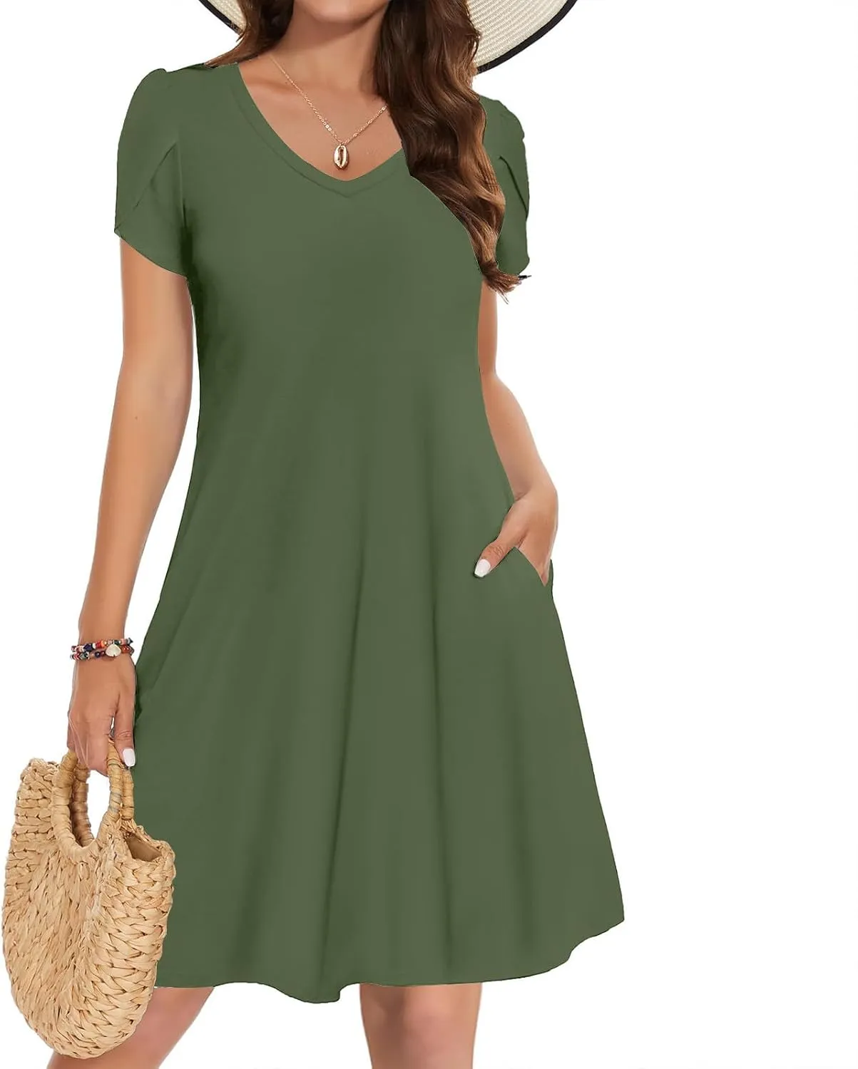Sun Dress for Women Solid Fashion Casual Flowy Wide Hem Short Sleeve Dress Slim Loose Fits Ladies 2025 Outwear