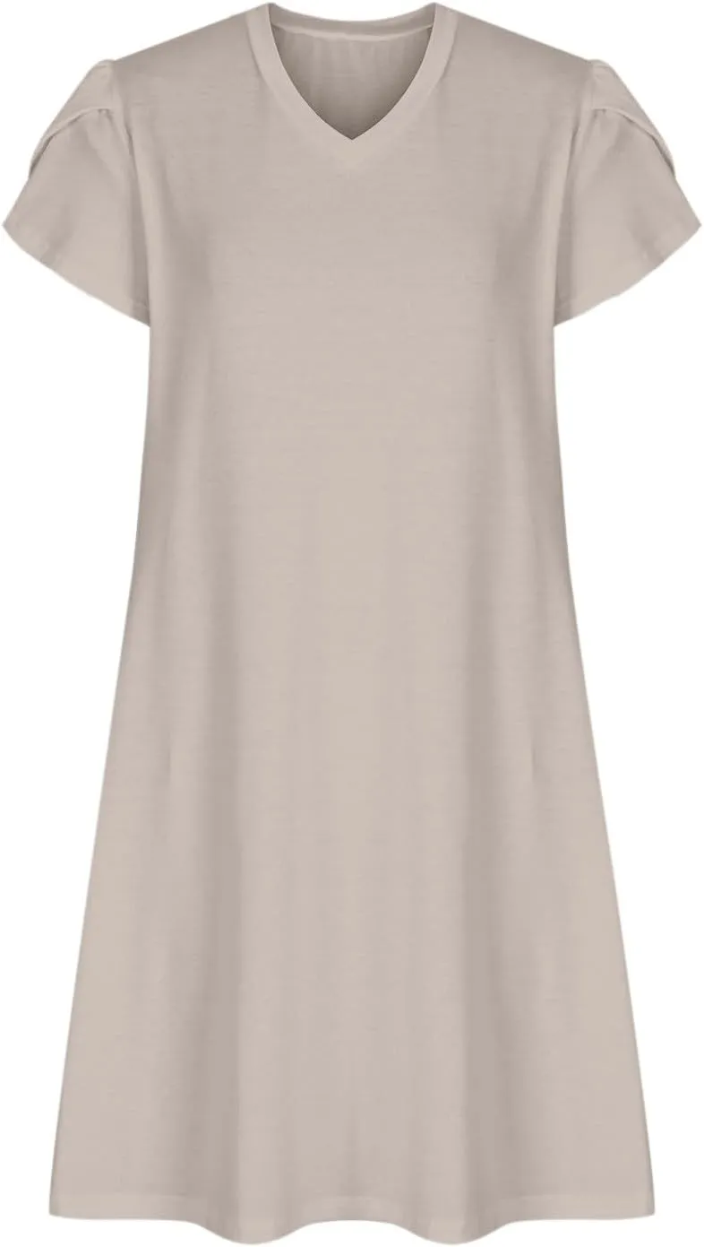 Sun Dress for Women Solid Fashion Casual Flowy Wide Hem Short Sleeve Dress Slim Loose Fits Ladies 2025 Outwear
