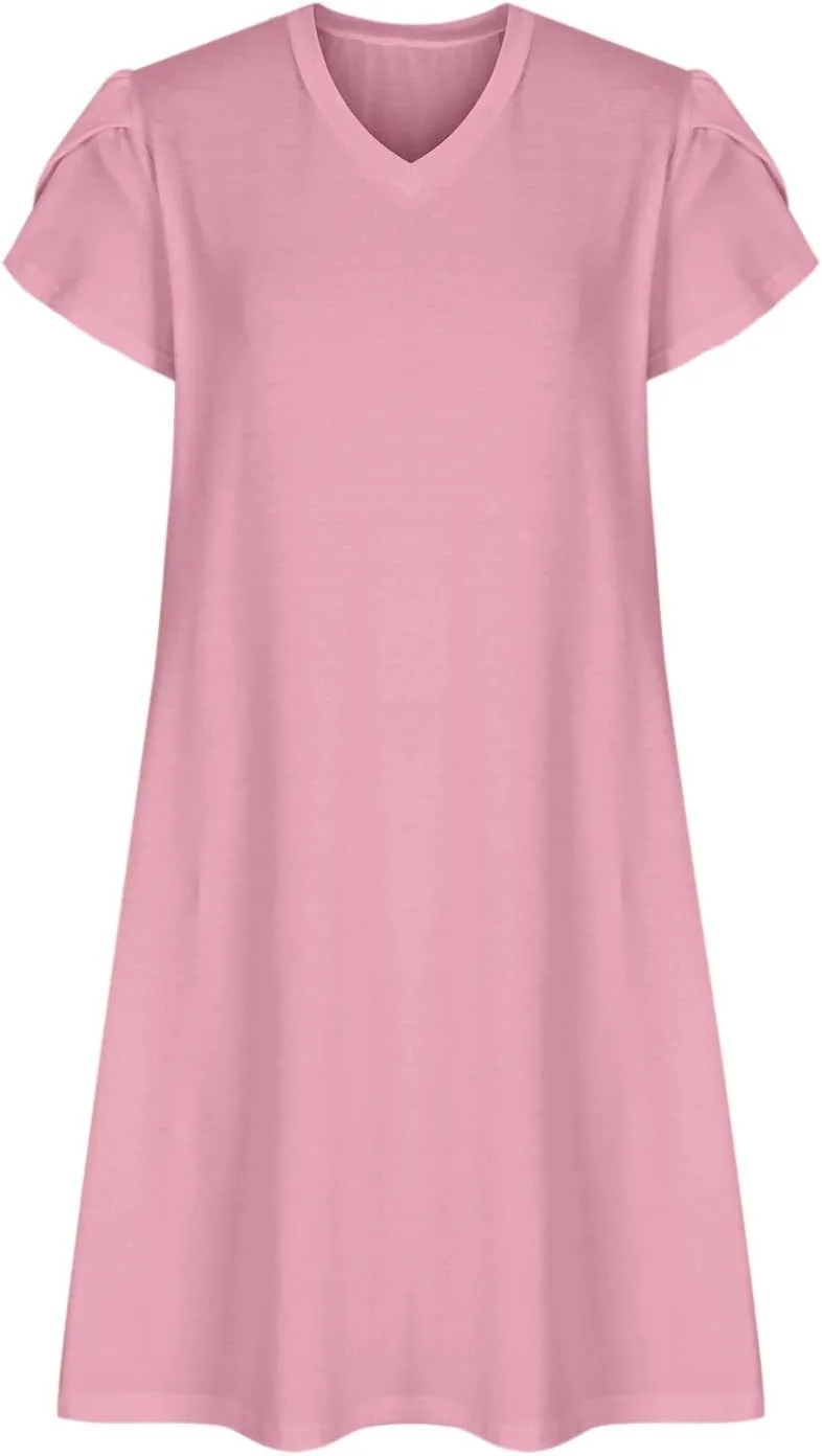 Sun Dress for Women Solid Fashion Casual Flowy Wide Hem Short Sleeve Dress Slim Loose Fits Ladies 2025 Outwear