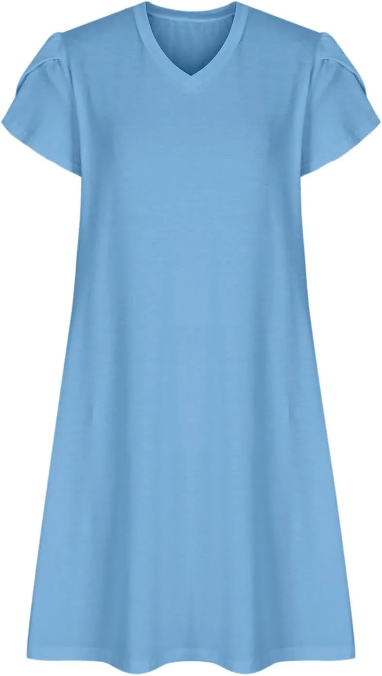Sun Dress for Women Solid Fashion Casual Flowy Wide Hem Short Sleeve Dress Slim Loose Fits Ladies 2025 Outwear