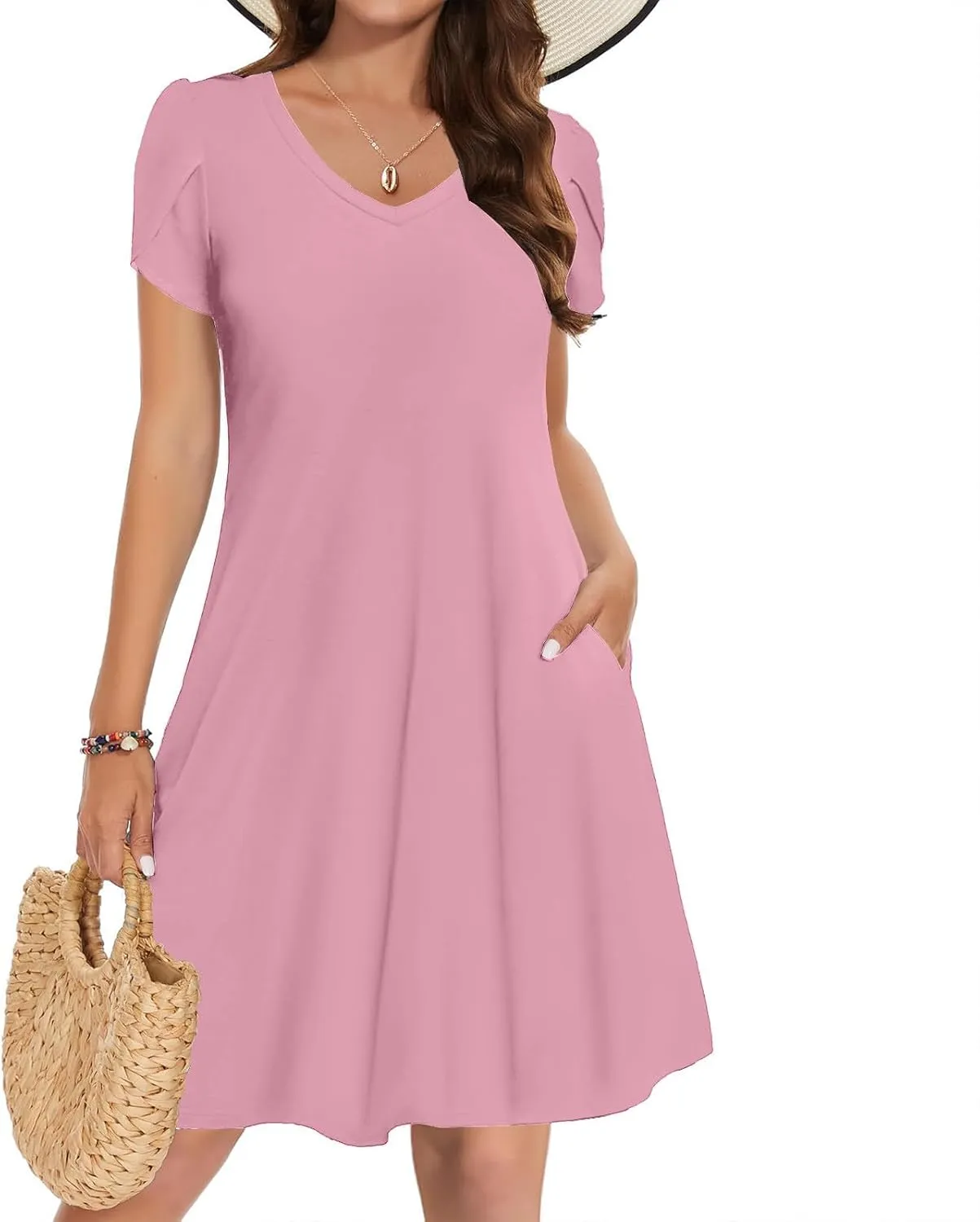 Sun Dress for Women Solid Fashion Casual Flowy Wide Hem Short Sleeve Dress Slim Loose Fits Ladies 2025 Outwear