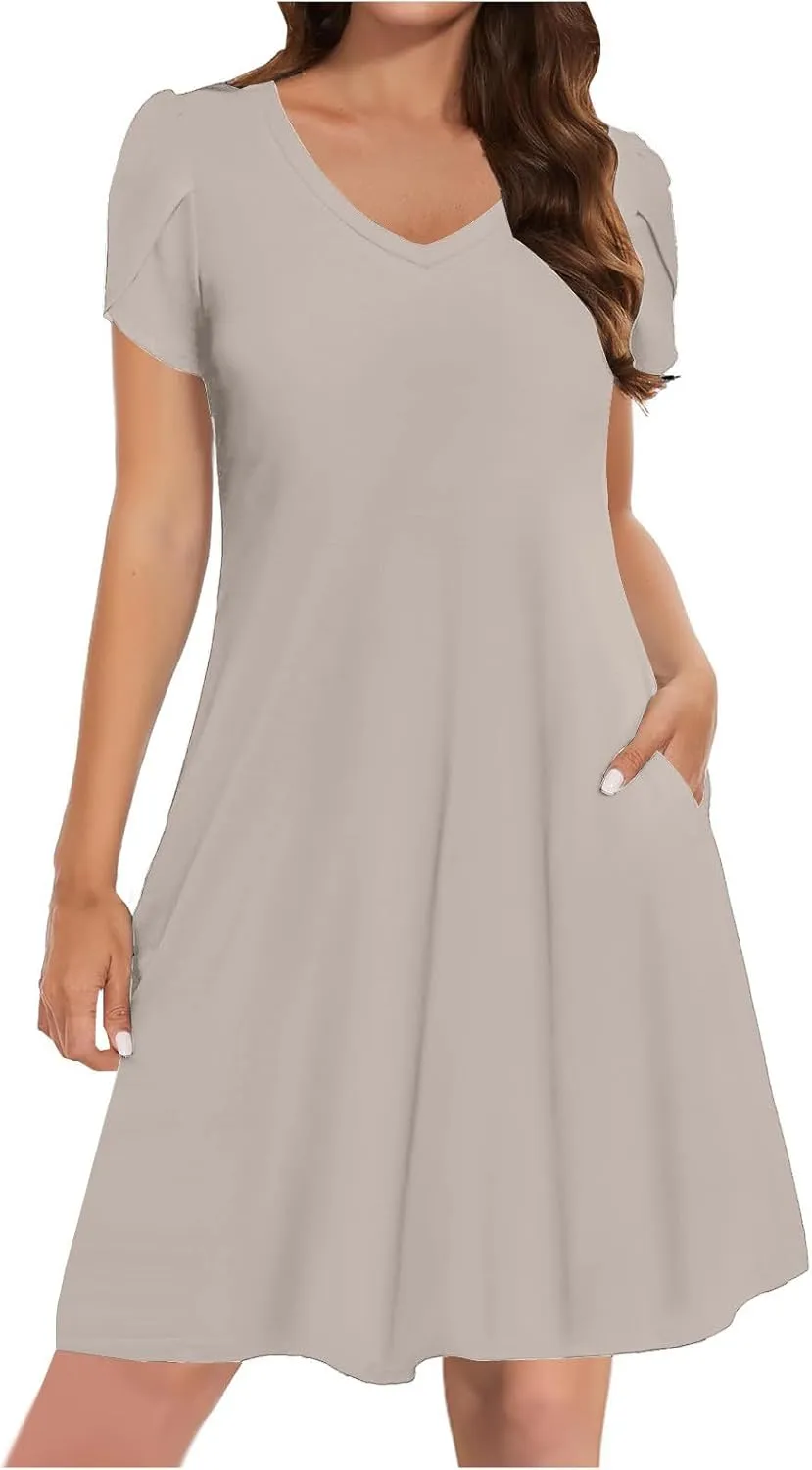 Sun Dress for Women Solid Fashion Casual Flowy Wide Hem Short Sleeve Dress Slim Loose Fits Ladies 2025 Outwear