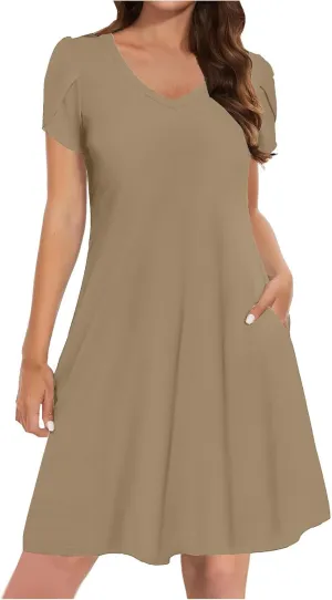 Sun Dress for Women Solid Fashion Casual Flowy Wide Hem Short Sleeve Dress Slim Loose Fits Ladies 2025 Outwear