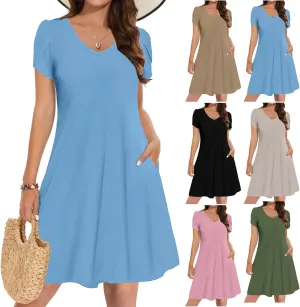 Sun Dress for Women Solid Fashion Casual Flowy Wide Hem Short Sleeve Dress Slim Loose Fits Ladies 2025 Outwear