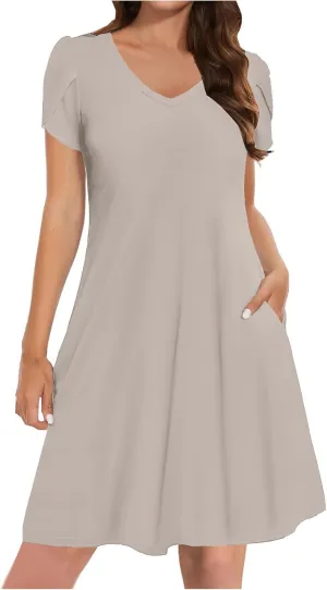 Sun Dress for Women Solid Fashion Casual Flowy Wide Hem Short Sleeve Dress Slim Loose Fits Ladies 2025 Outwear