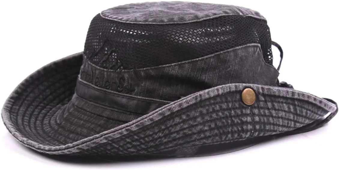 Sun Hat for Men, Cotton Embroidery Summer Outdoor Sun Protection Wide Brim Bucket Hat Foldable Safari Boonie Hat