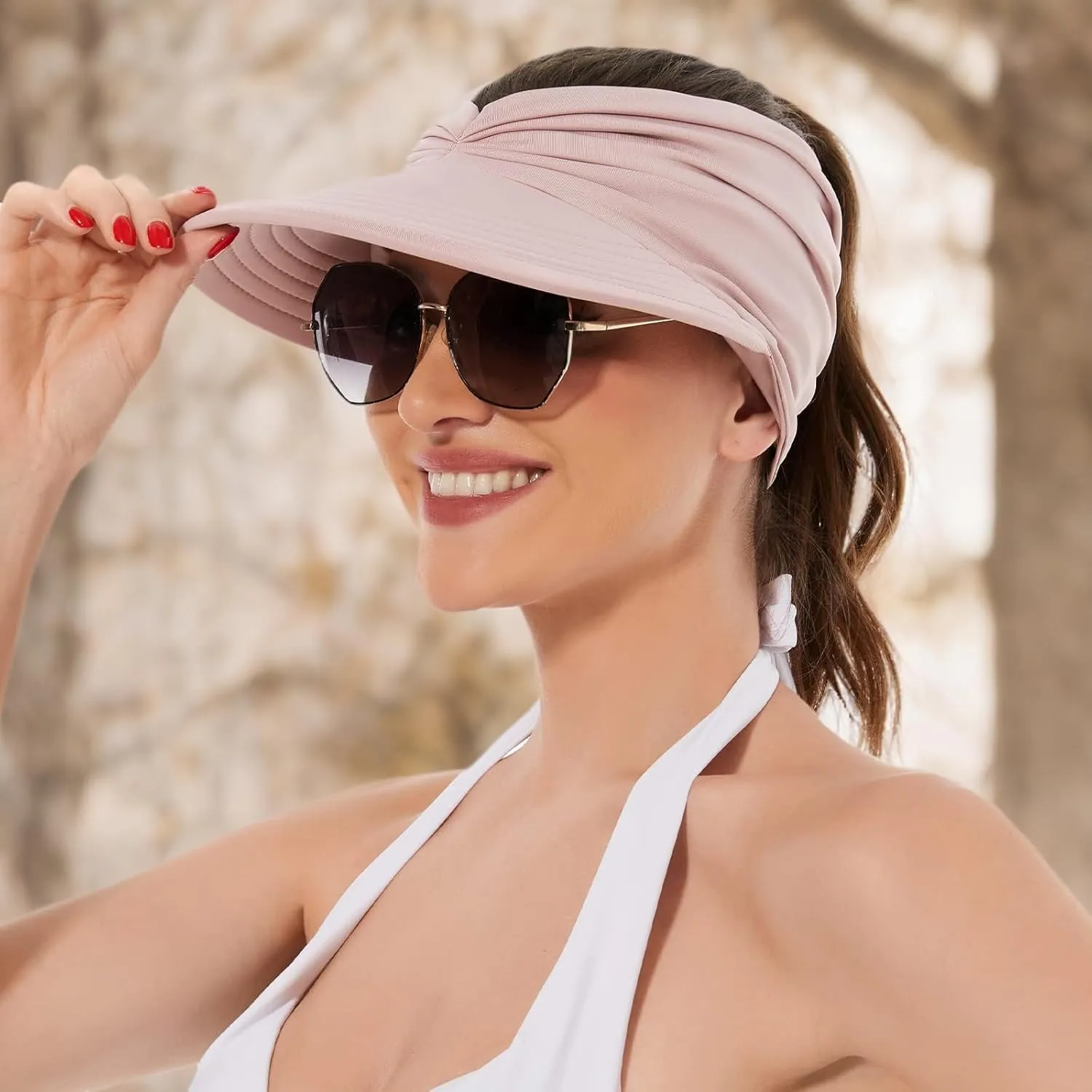 Sun Hats for Women UV Protection Sun Visor Wide Brim Summer Hats with Ponytail