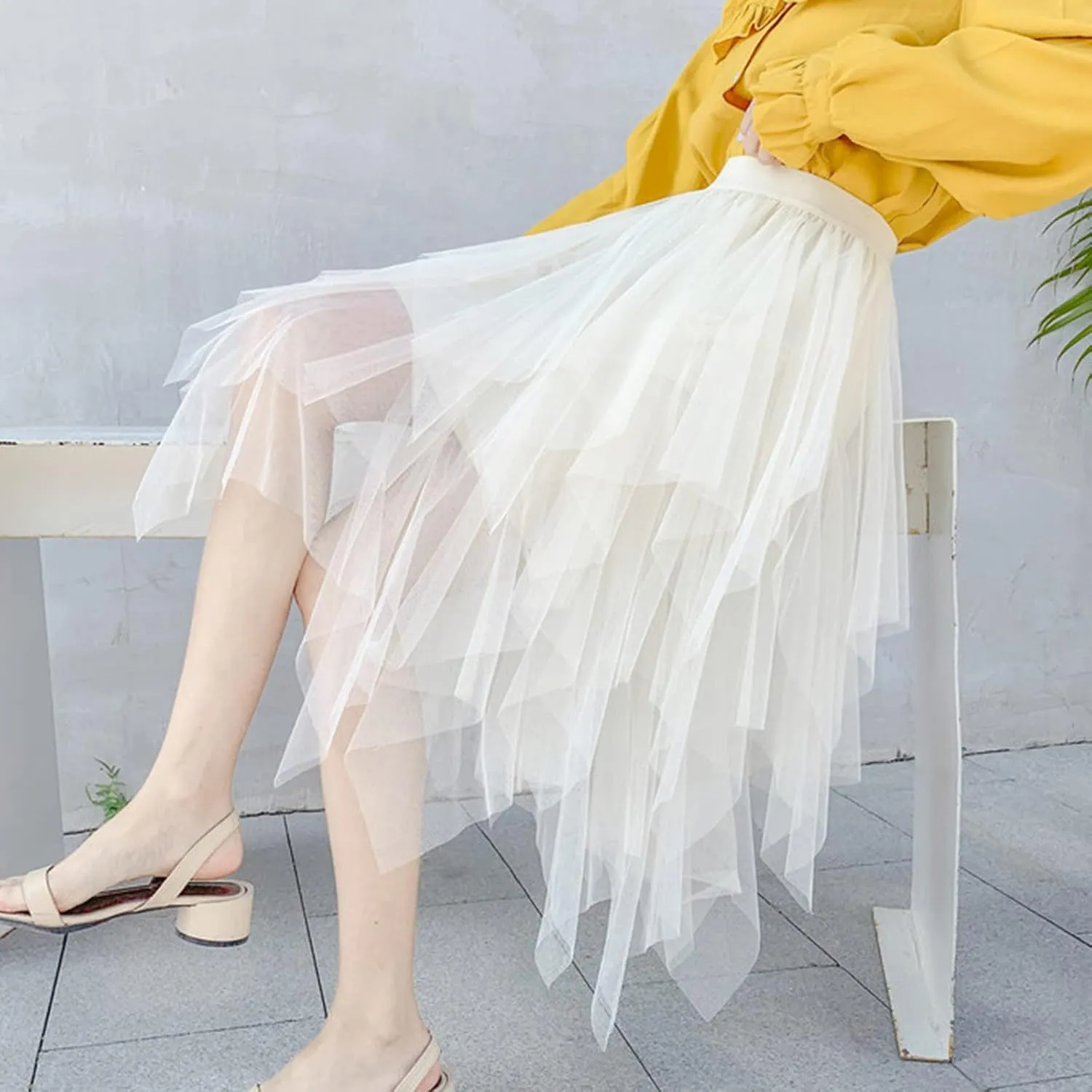 tuduoms Fairy Tulle Skirts Teen Girls Cute Irregular Ruffle Layered Mesh Midi Skirt Summer Party Beach Flowy Skirt for Women