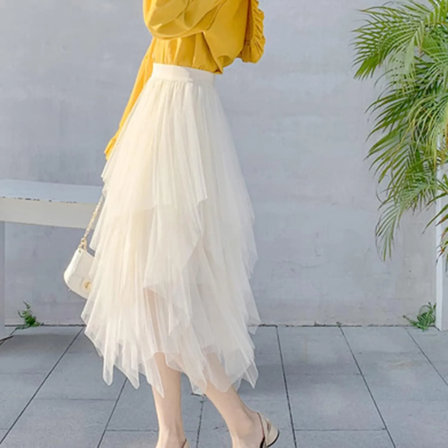 tuduoms Fairy Tulle Skirts Teen Girls Cute Irregular Ruffle Layered Mesh Midi Skirt Summer Party Beach Flowy Skirt for Women
