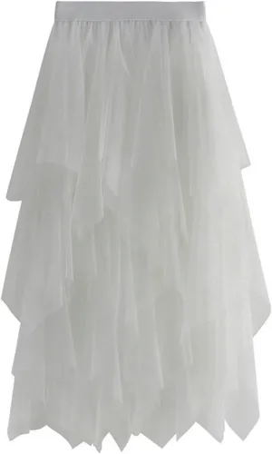 tuduoms Fairy Tulle Skirts Teen Girls Cute Irregular Ruffle Layered Mesh Midi Skirt Summer Party Beach Flowy Skirt for Women