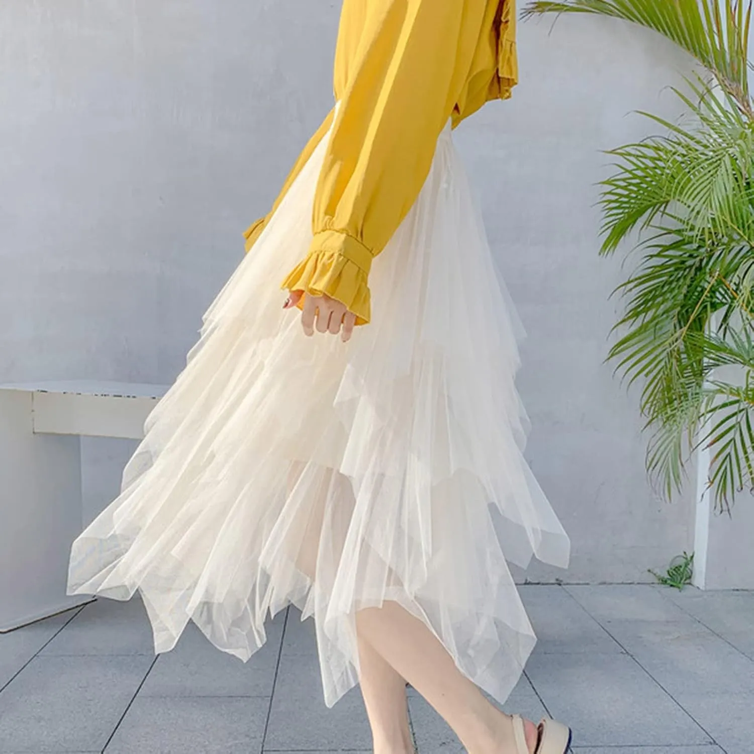 tuduoms Fairy Tulle Skirts Teen Girls Cute Irregular Ruffle Layered Mesh Midi Skirt Summer Party Beach Flowy Skirt for Women