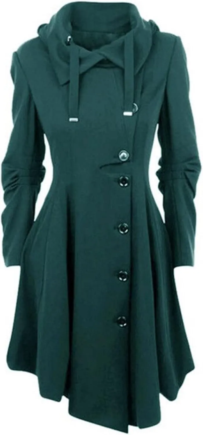 tuduoms Pea Coats Women Gothic Asymmetrical Coat Long Sleeve Ruffle High-low Coat Mid-long Trench Coat Wool Overcoats Dress