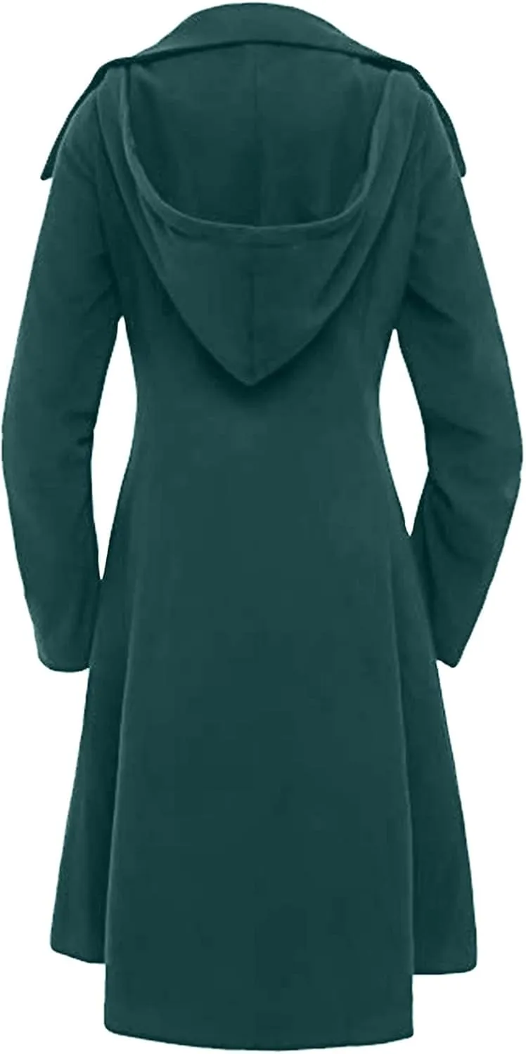tuduoms Pea Coats Women Gothic Asymmetrical Coat Long Sleeve Ruffle High-low Coat Mid-long Trench Coat Wool Overcoats Dress