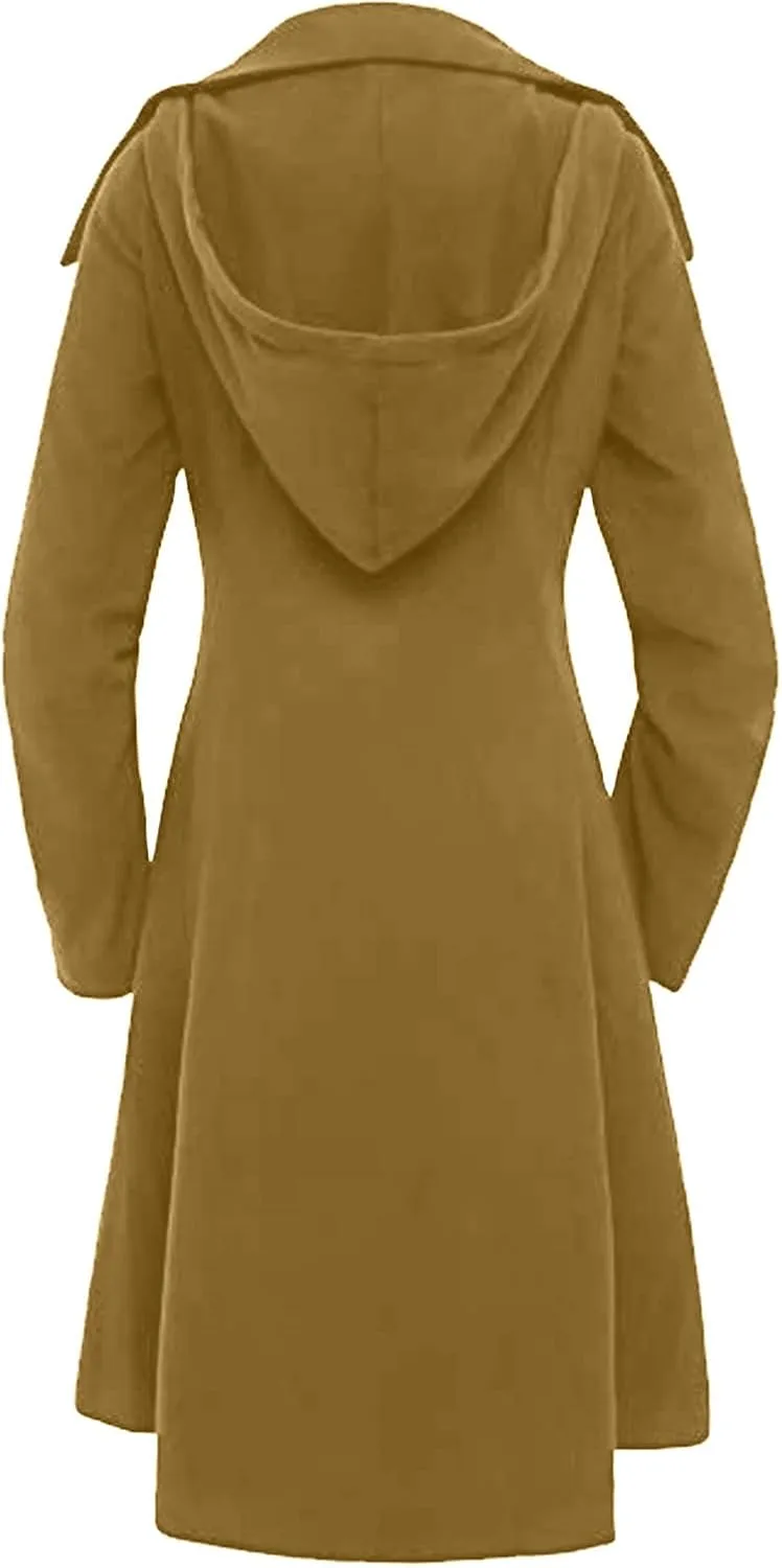 tuduoms Pea Coats Women Gothic Asymmetrical Coat Long Sleeve Ruffle High-low Coat Mid-long Trench Coat Wool Overcoats Dress
