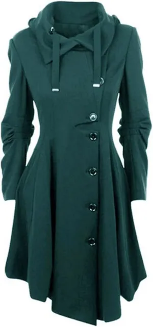 tuduoms Pea Coats Women Gothic Asymmetrical Coat Long Sleeve Ruffle High-low Coat Mid-long Trench Coat Wool Overcoats Dress