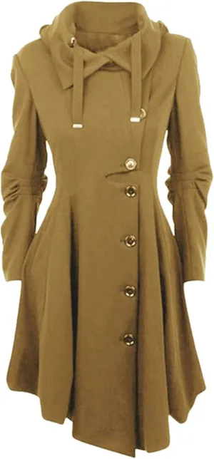 tuduoms Pea Coats Women Gothic Asymmetrical Coat Long Sleeve Ruffle High-low Coat Mid-long Trench Coat Wool Overcoats Dress