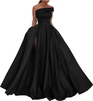 Uillui Women Formal Gowns and Evening Dresses Floor Length Puffy Swing Ball Gown Sexy Sleeveless Sloping Shoulder Slit Dress