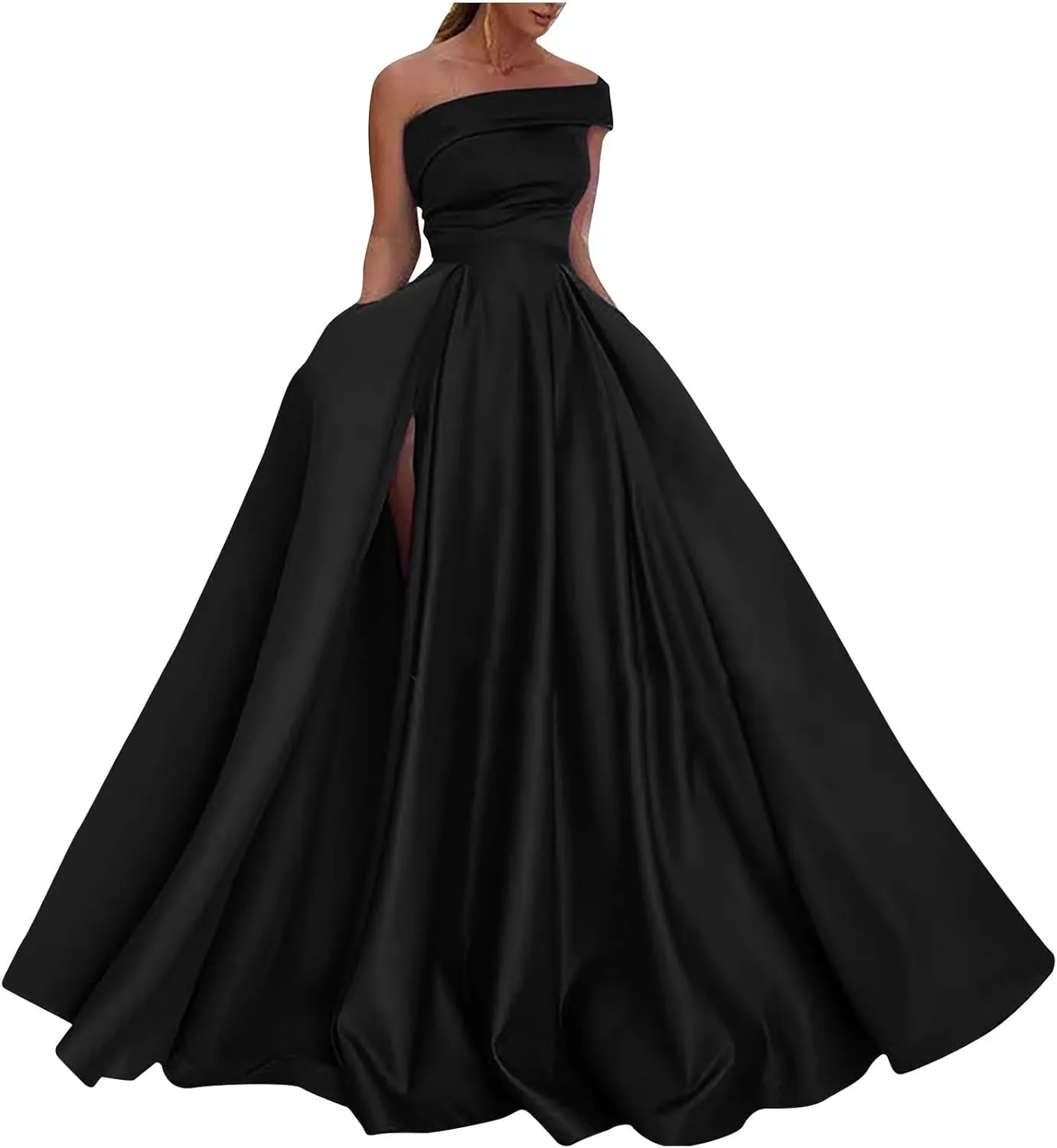 Uillui Women Formal Gowns and Evening Dresses Floor Length Puffy Swing Ball Gown Sexy Sleeveless Sloping Shoulder Slit Dress