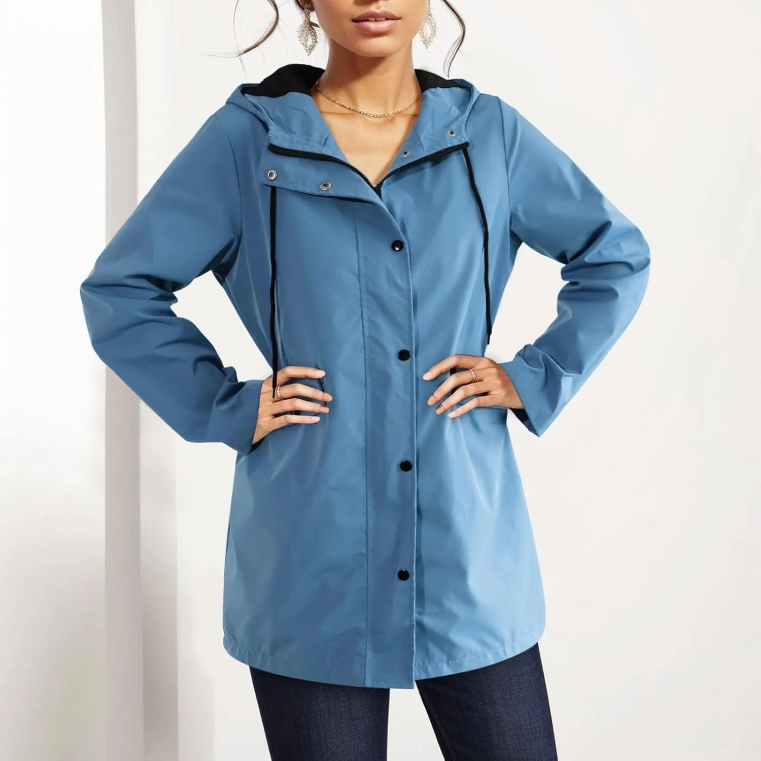 Waterproof with Hood Packable Long Hooded Trench Coats, Windbreaker Travel Jacket, Casual Sports Jackets for Women