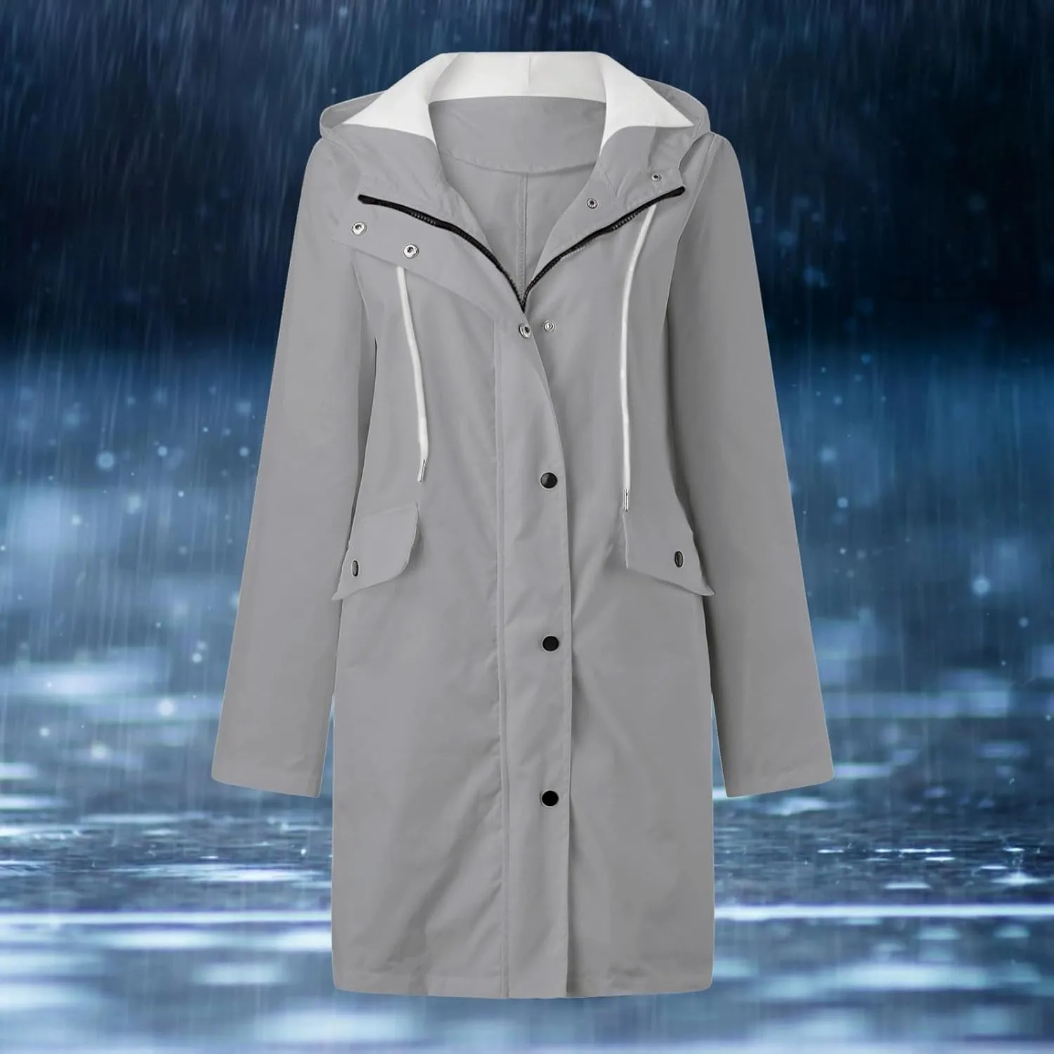 Waterproof with Hood Packable Long Hooded Trench Coats, Windbreaker Travel Jacket, Casual Sports Jackets for Women