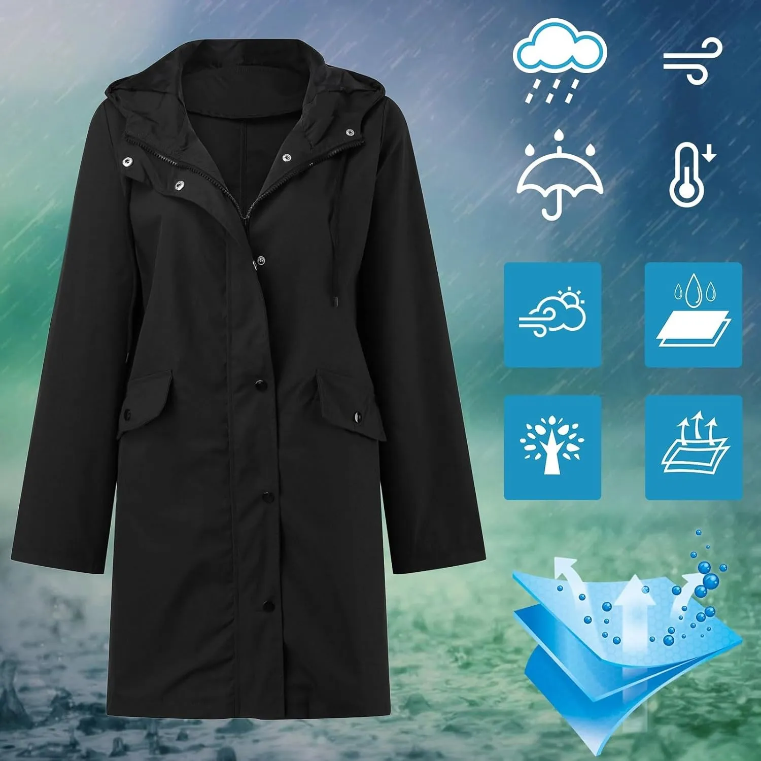 Waterproof with Hood Packable Long Hooded Trench Coats, Windbreaker Travel Jacket, Casual Sports Jackets for Women
