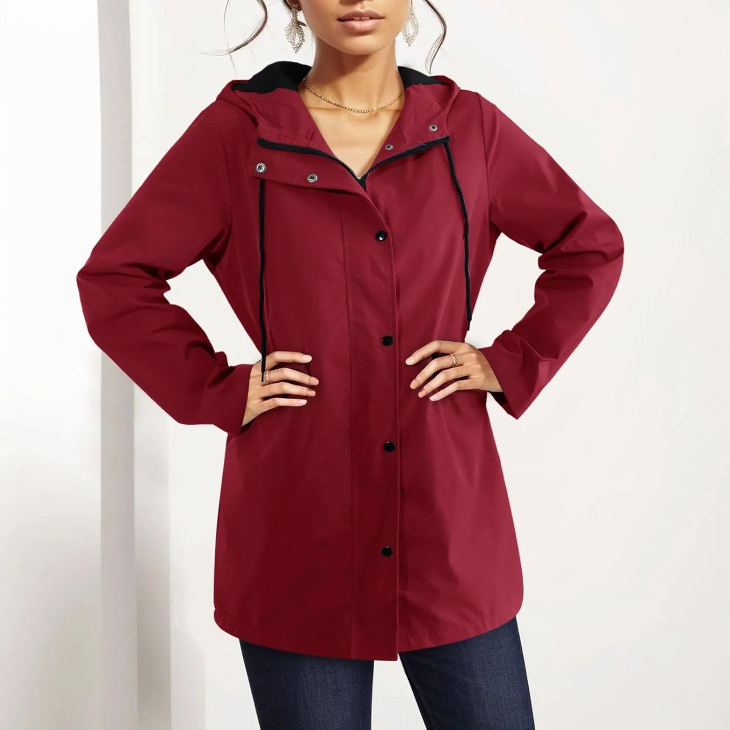 Waterproof with Hood Packable Long Hooded Trench Coats, Windbreaker Travel Jacket, Casual Sports Jackets for Women
