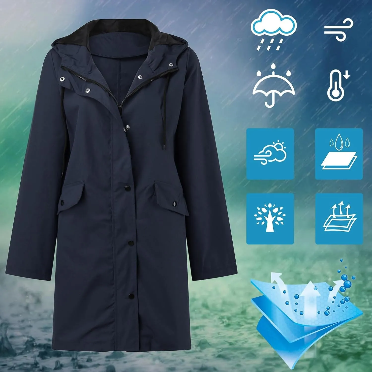 Waterproof with Hood Packable Long Hooded Trench Coats, Windbreaker Travel Jacket, Casual Sports Jackets for Women