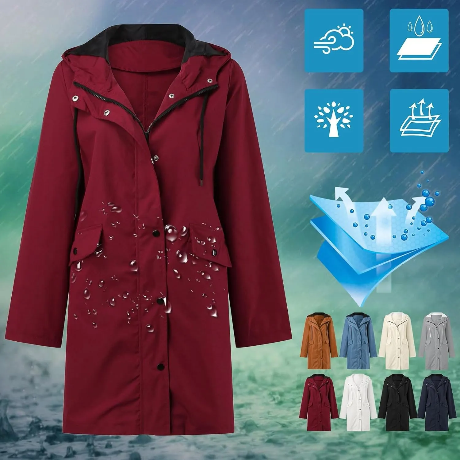 Waterproof with Hood Packable Long Hooded Trench Coats, Windbreaker Travel Jacket, Casual Sports Jackets for Women
