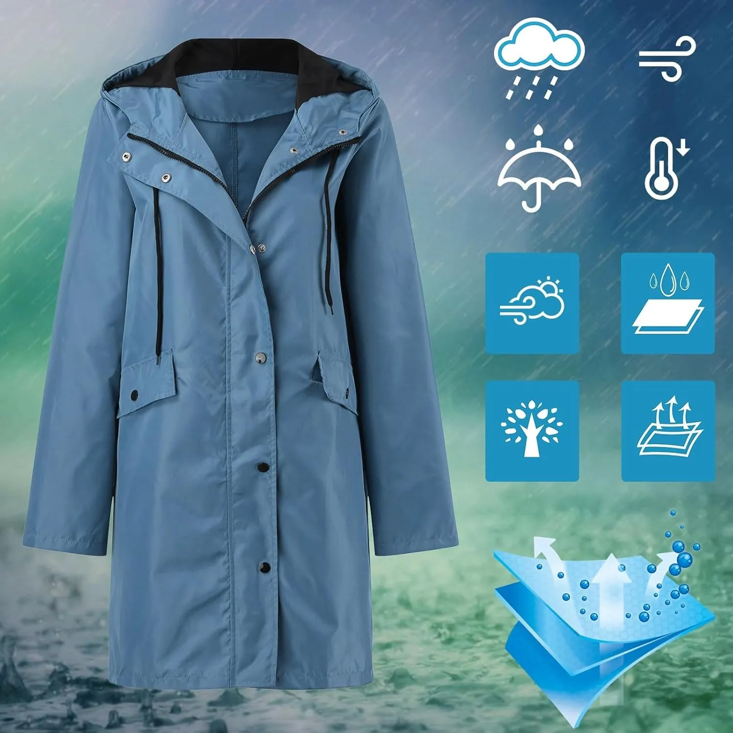 Waterproof with Hood Packable Long Hooded Trench Coats, Windbreaker Travel Jacket, Casual Sports Jackets for Women