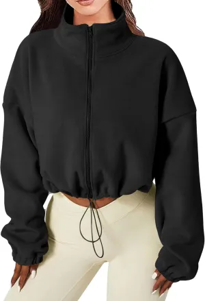 Winter Fleece Jackets Women Long Sleeve Zip Up Coats Crewneck Sweatshirts Outdoor Running Cropped Jacket Fall Activewear Black XS